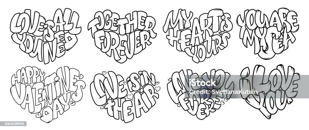 Coloring pages for adult design for wedding invitations and valentines day lettering in heart quote about love in bubble style stock illustration