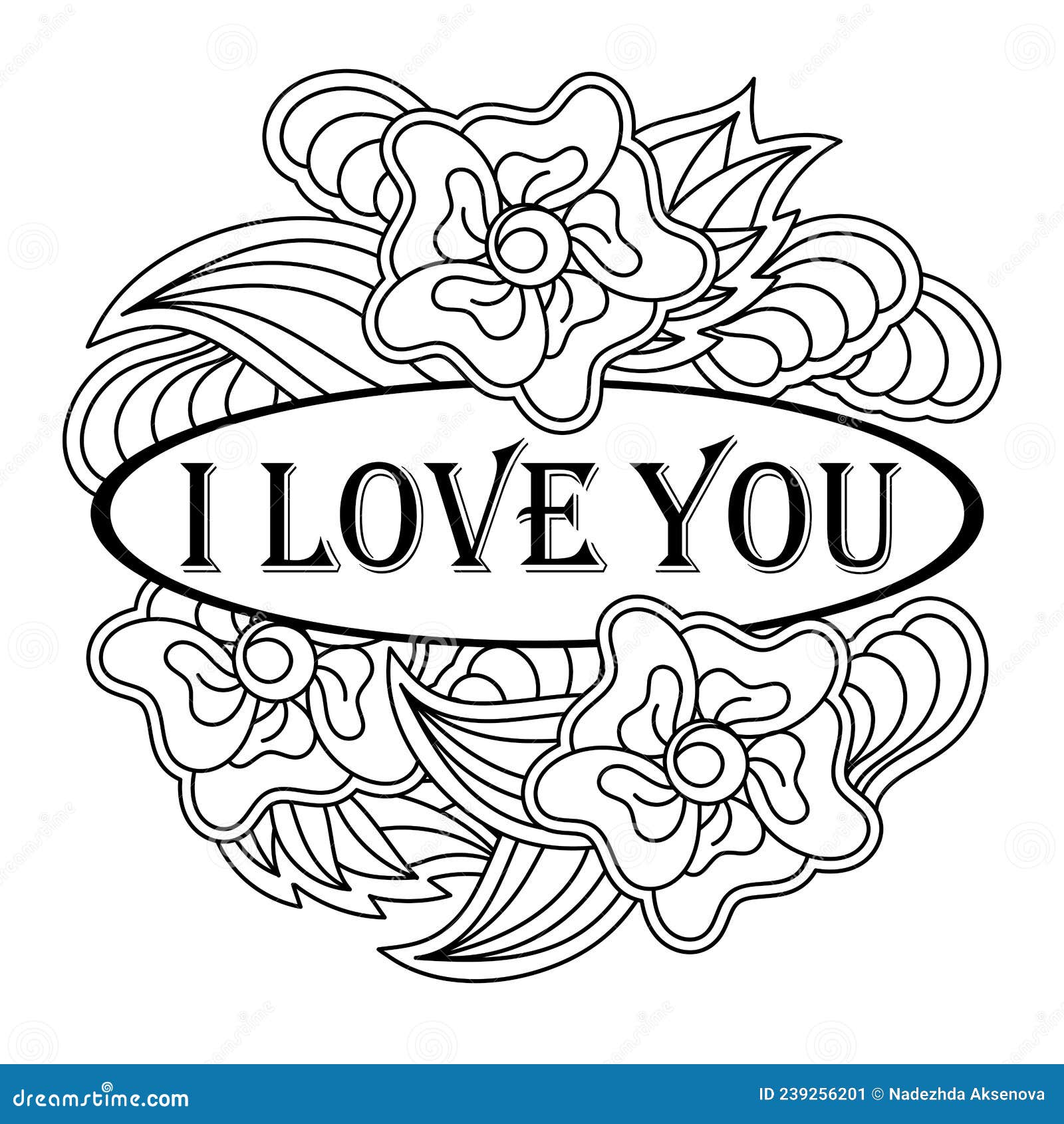 I love you coloring page vector floral position flowers frame stock vector