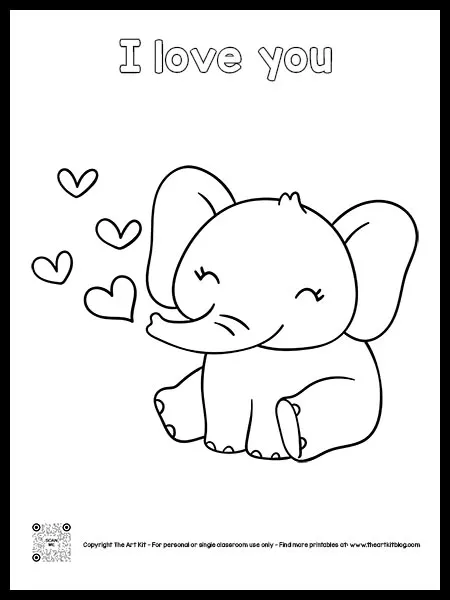 Cute i love you coloring page elephant and hearts cursive font â the art kit