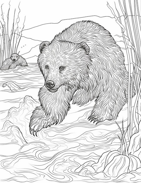 Premium ai image coloring pages of a bear in the water with a small animal generative ai