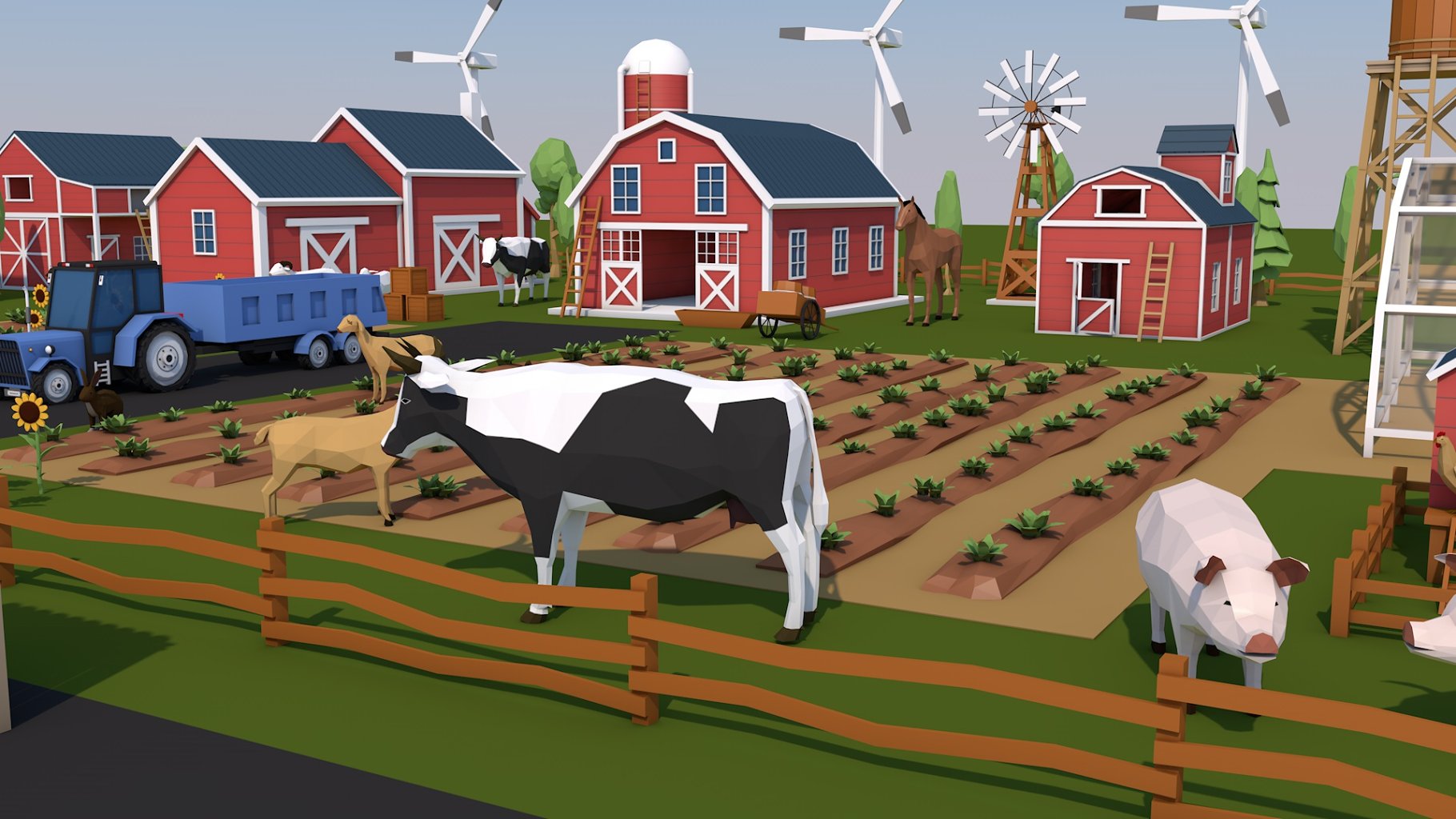 Low poly farm house and animals pack â