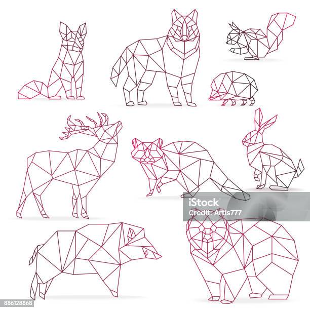 Low poly color gradient line animals set origami poligonal line animals wolf bear deer wild boar fox raccoon rabbit and hedgehog stock illustration