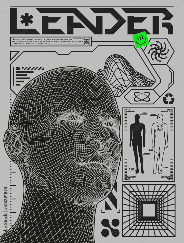 Poster low poly head d human face mesh structure in futuristic style with techno design elements print for a clothing brand t