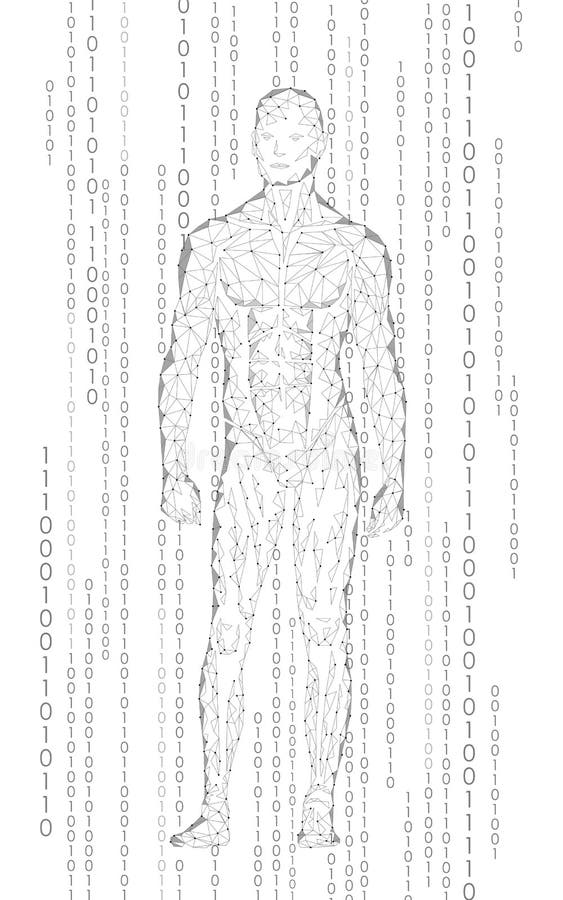 Humanoid android man standing cyberspace binary code robot artificial intelligence low poly polygonal human body stock vector