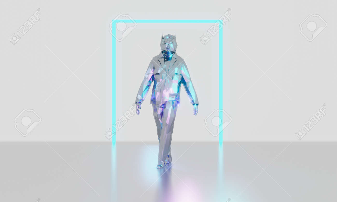 Low poly neon color robor walking standing on reflection floor with shining rectangle on grey artificial intelligence future technology background d rendering stock photo picture and royalty free image image