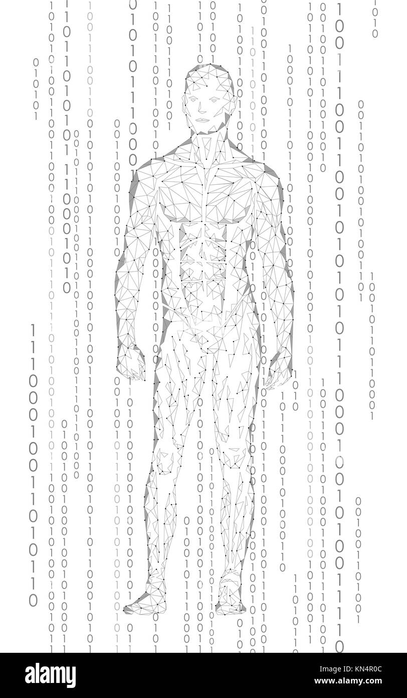 Humanoid android man standing cyberspace binary code robot artificial intelligence low poly polygonal human body fitness shape mind internet network vector abstract gray white illustration stock vector image art