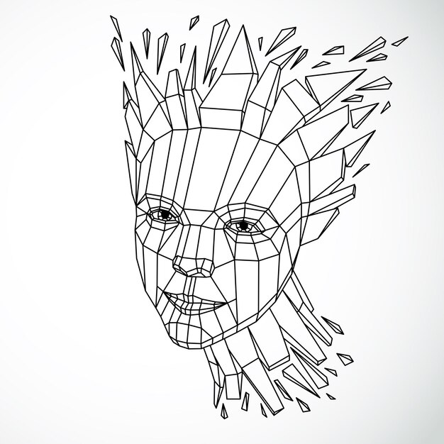 Premium vector face of a thinking woman created in low poly style d vector human head brain exploding which symbolizes intelligence and imagination