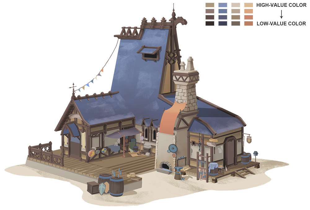 Using d models and perspective to create a fantasy blacksmith workshop art rocket