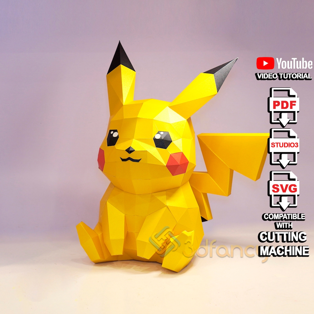 Low poly pikachu sit d papercraft pdf svg template for creating d pikachu d pokemon for childrens room decor diy gifts for kids