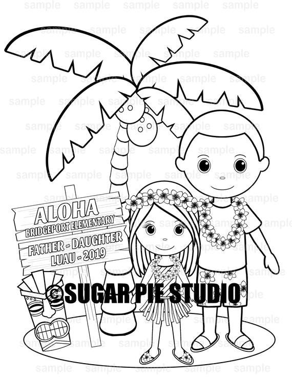 Father daughter dance luau coloring page activity personalized printable pdf or jpeg file