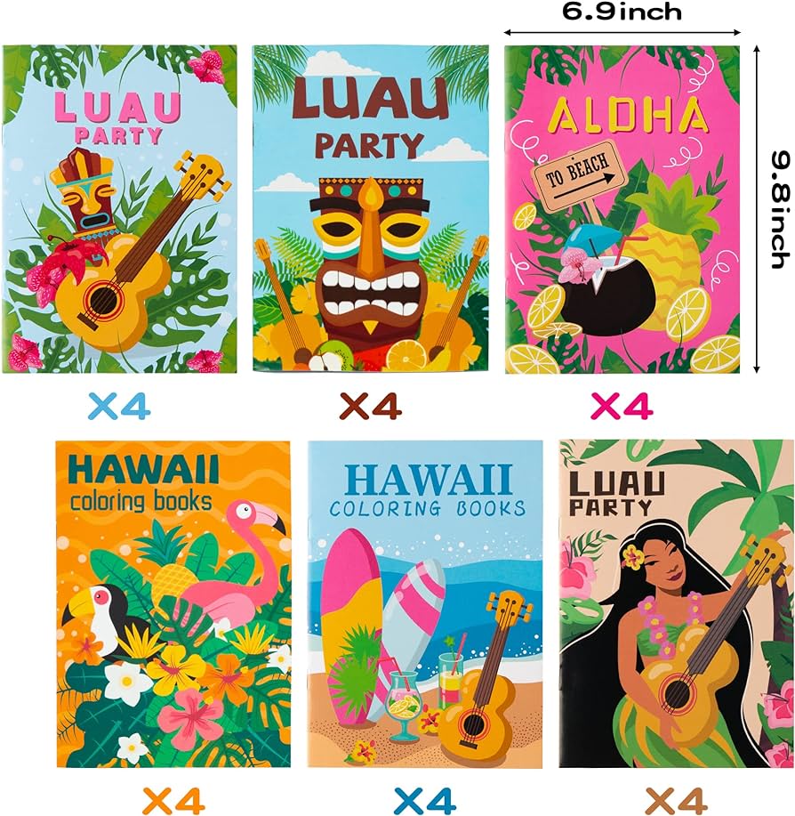 Angolio pcs summer hawaii luau coloring books for kids diy art book with flamingo hula surf party creativity color booklet for birthday gift summer carnival party favor goodie bag filler supplies