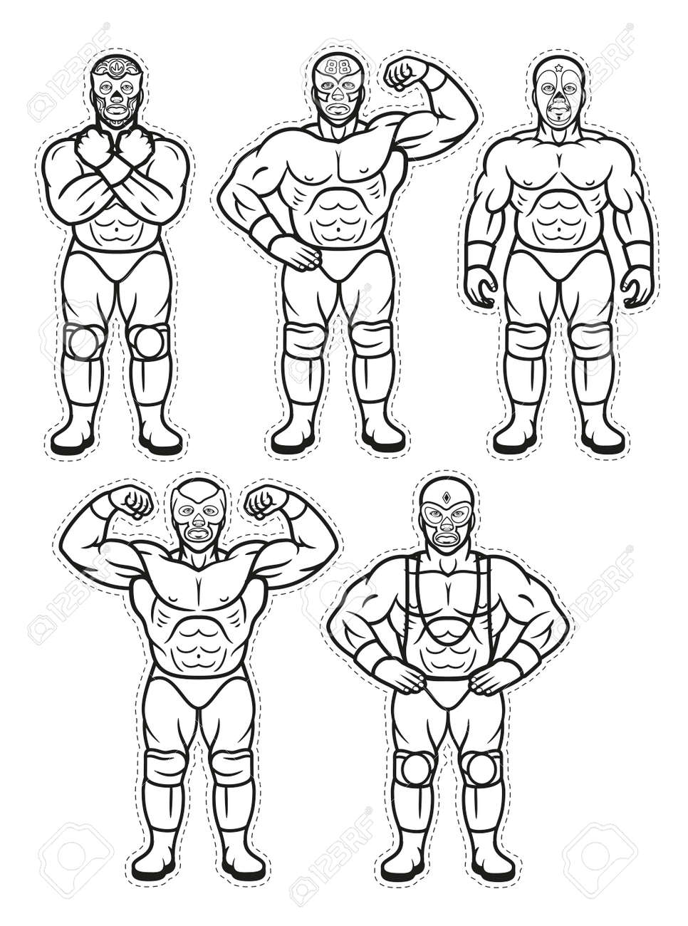 Lucha libre characters mexican wrestler fighters in mask vector coloring page royalty free svg cliparts vectors and stock illustration image