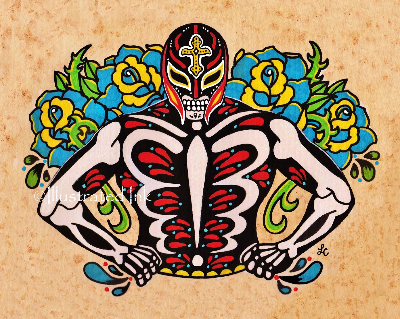 Day of the dead luchador wrestler tattoo art lucha libre mask print x x or x rey mysterio inspired