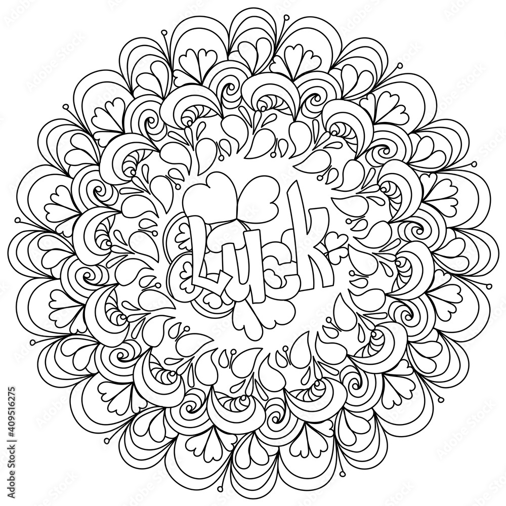 Contour mandala with the word luck in the center coloring page with symbols of st patricks day vector