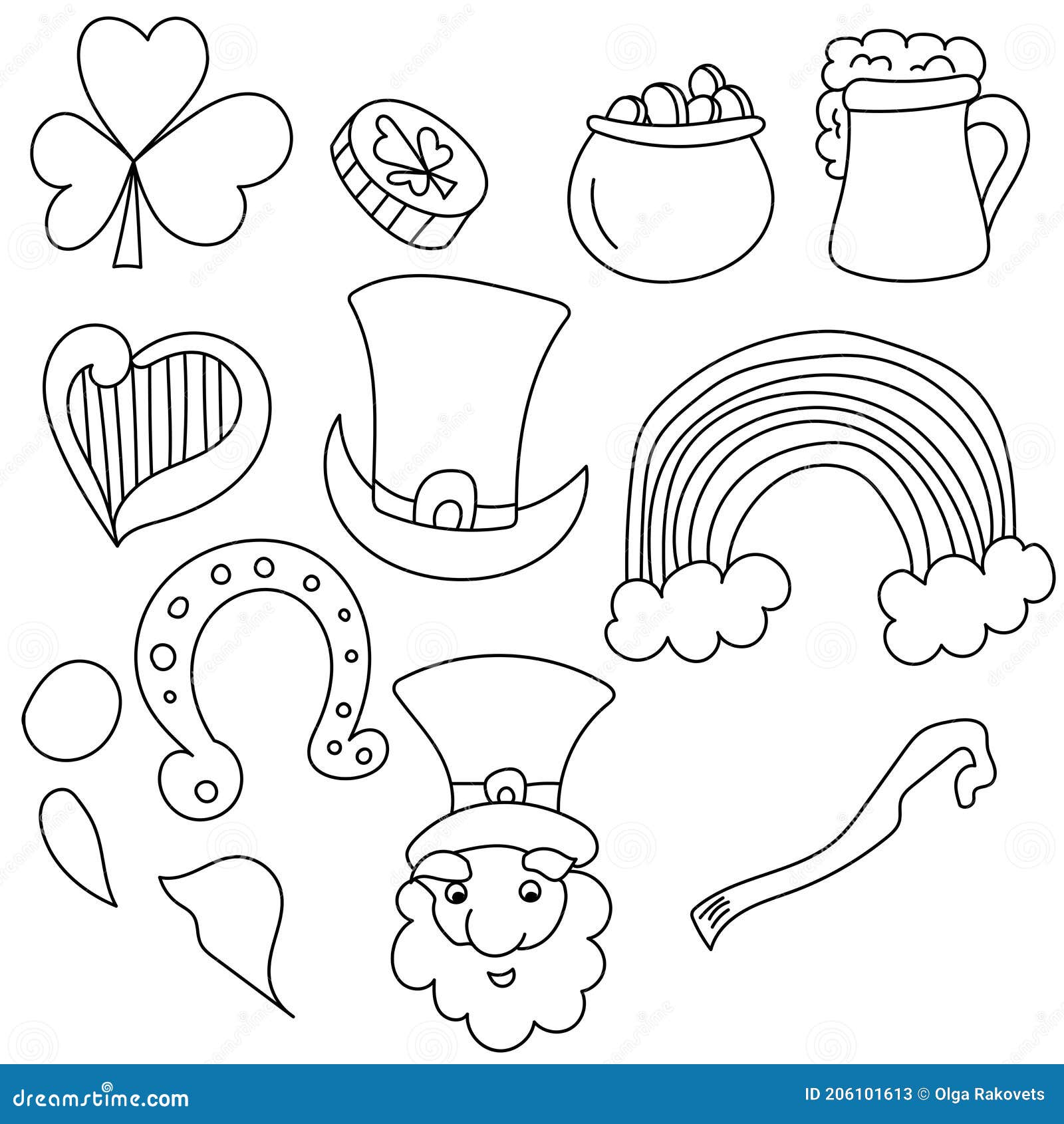 St patricks day attributes doodles set outline drawings with symbols of good luck coloring page from simple elements stock vector