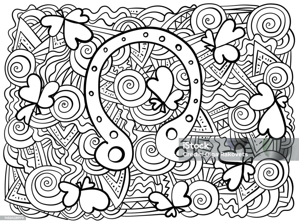 Horizontal doodle coloring book with good luck symbols horseshoe and clover shamrocks meditative colouring page for st patricks day stock illustration