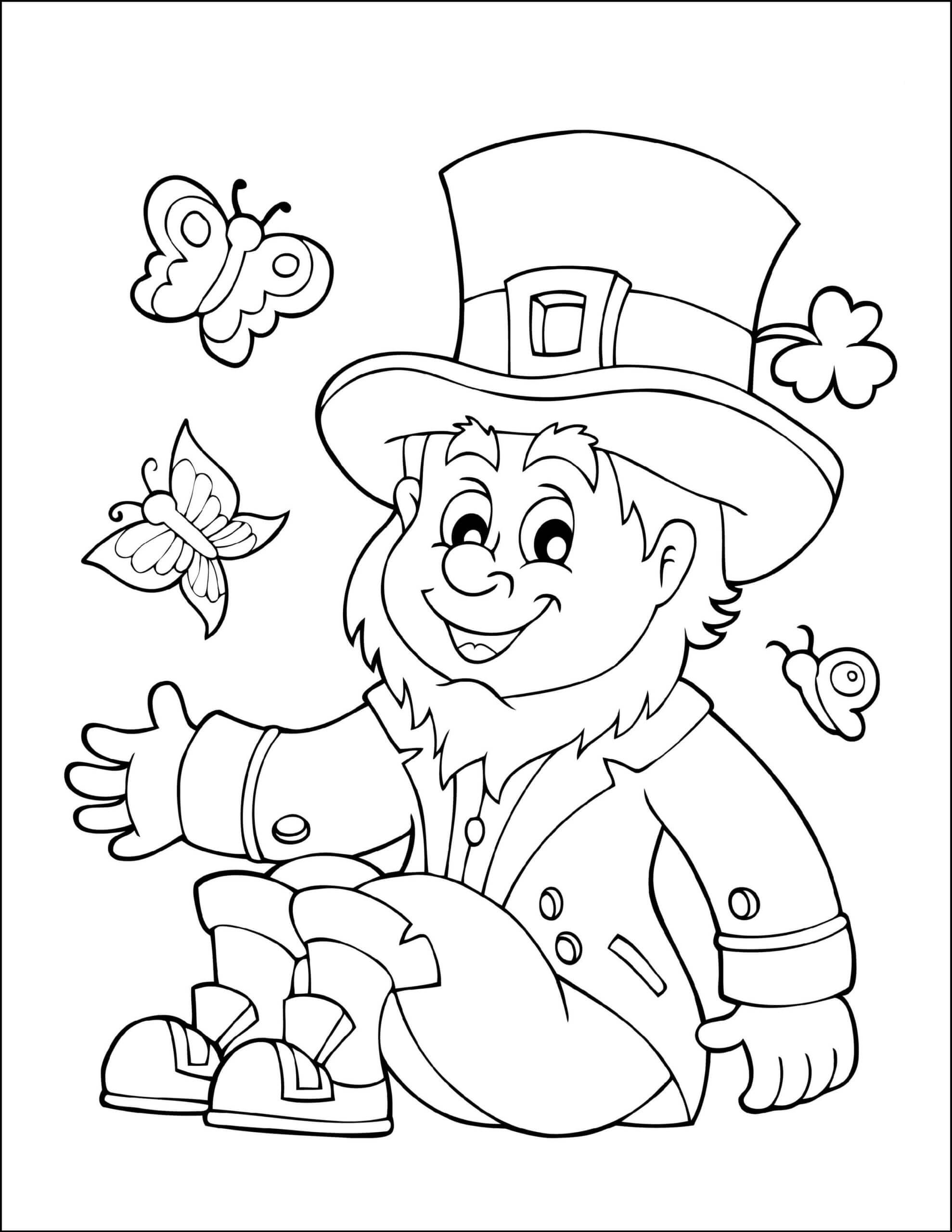 Lucky man with butterflies and shamrock coloring page