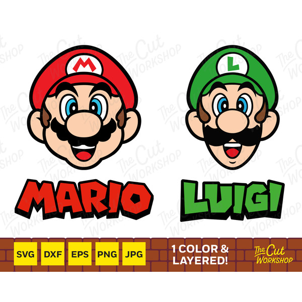 Super mario and luigi faces heads names layered and one colo