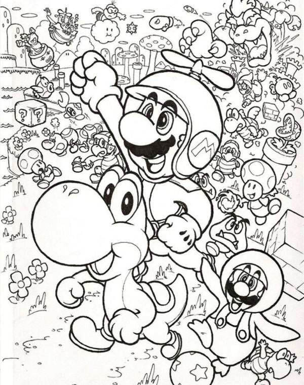 Mario and luigi fly with little dragon in mario brothers coloring page color luna