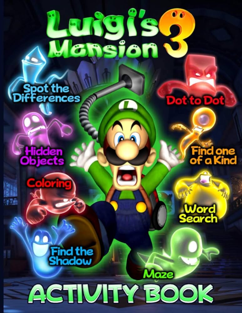 Luigis mansion activity book relaxation one of a kind maze hidden objects coloring find shadow spot differences dot to dot word search activities books for kids boys girls dawson fraser