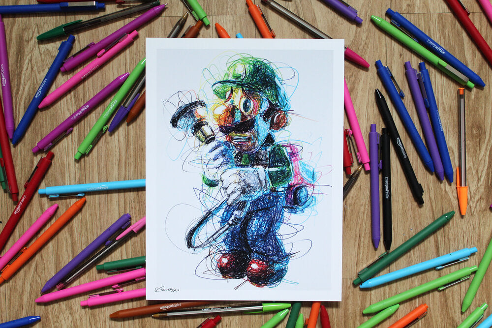 Luigis mansion ballpoint pen scribble art print â cody james by cody