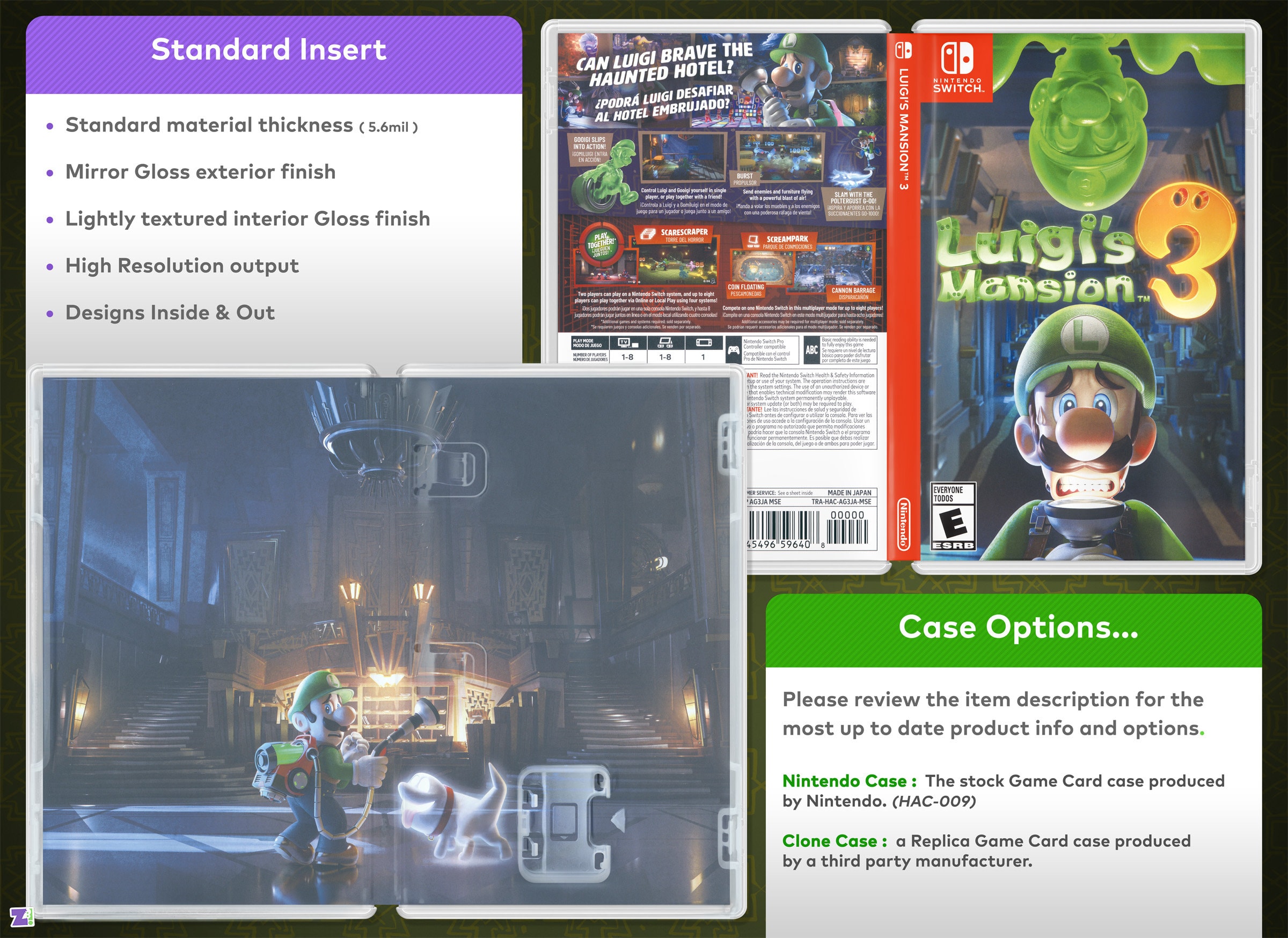 Luigis mansion cover art replacement case for nintendo switch