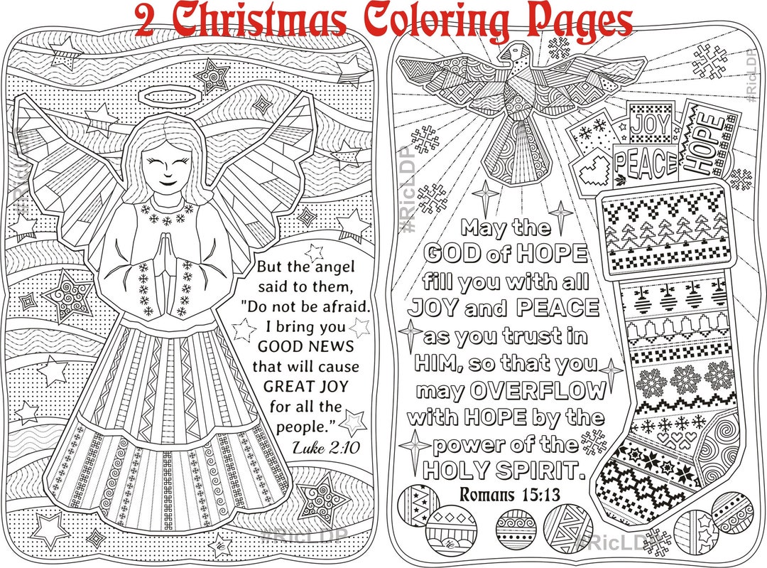 Two christmas coloring pages luke and romans colouring angel xmas stocking yuletide doodles digital download