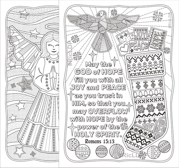 Two christmas coloring pages luke and romans colouring angel xmas stocking yuletide doodles digital download