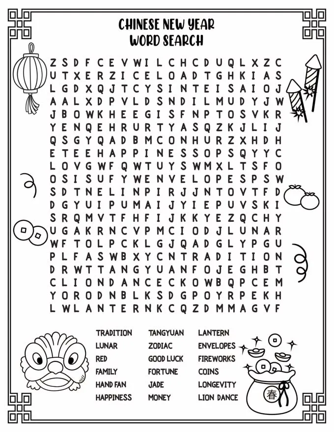 Chinese new year printables free colouring pages word search bingo