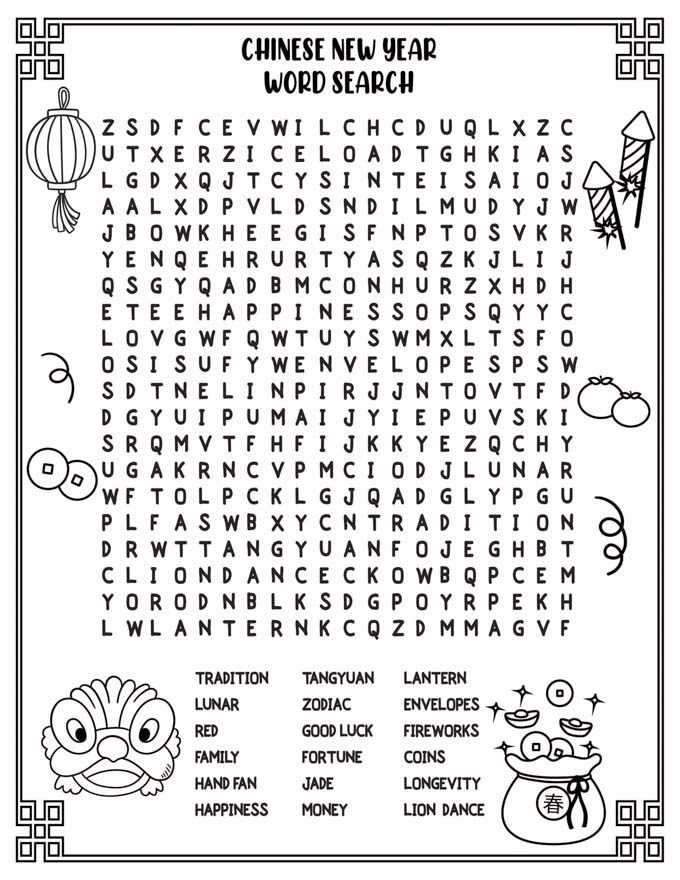 Chinese new year printables free colouring pages word search bingo