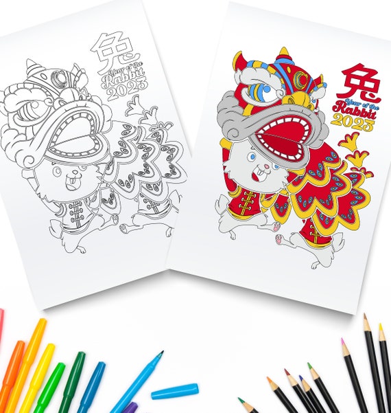 Year of the rabbit printable coloring chinese new year downloadable bunny digital download lunar new year coloring page download now