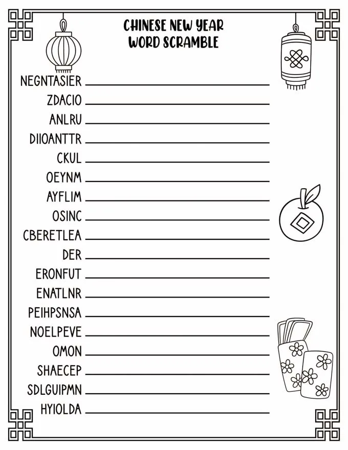 Chinese new year printables free colouring pages word search bingo