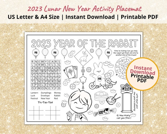 Lunar new year placemat year of the rabbit printable coloring placemat for kids chinese new year kids coloring page activities