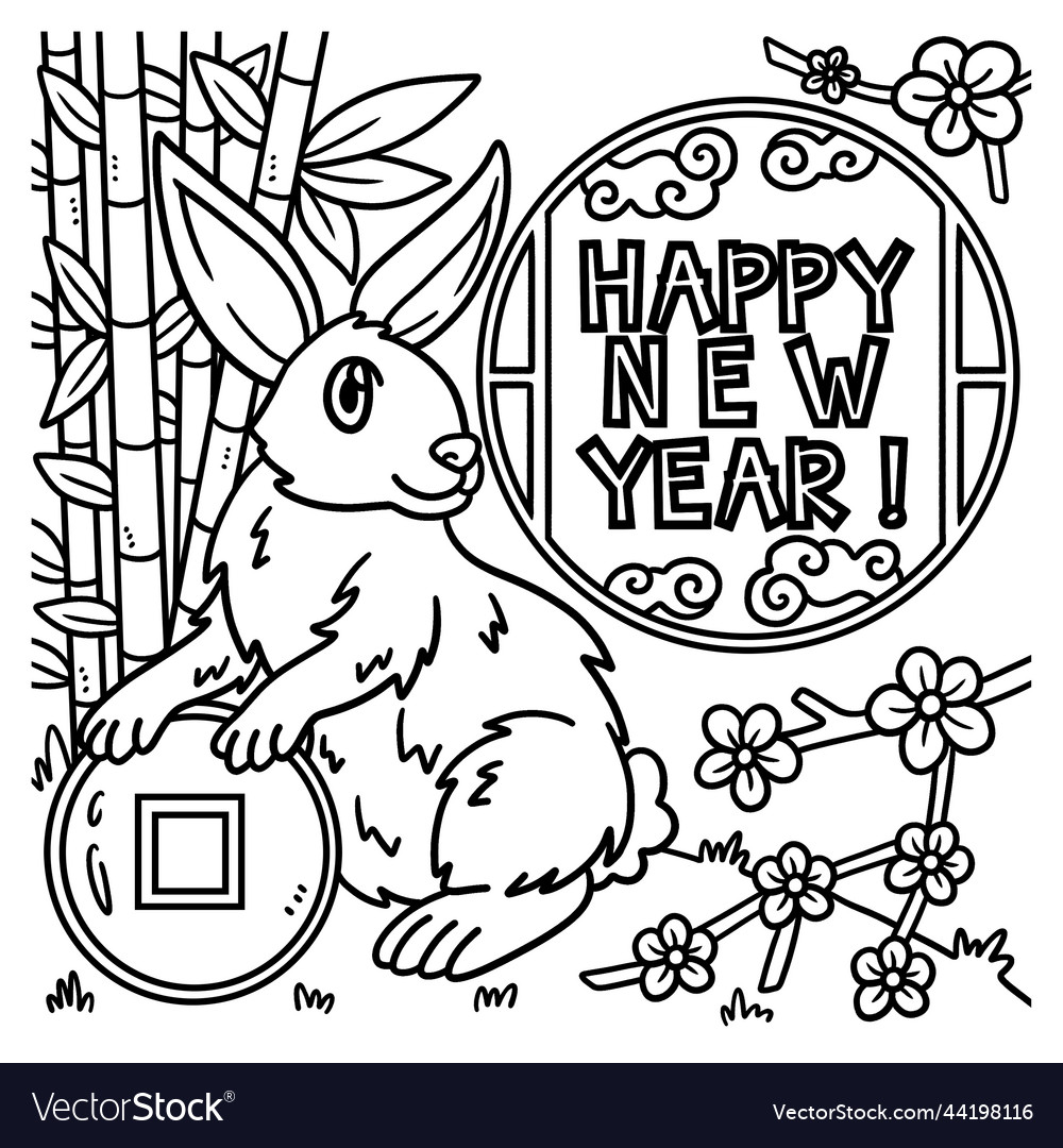 Happy new year rabbit coloring page for kids vector image