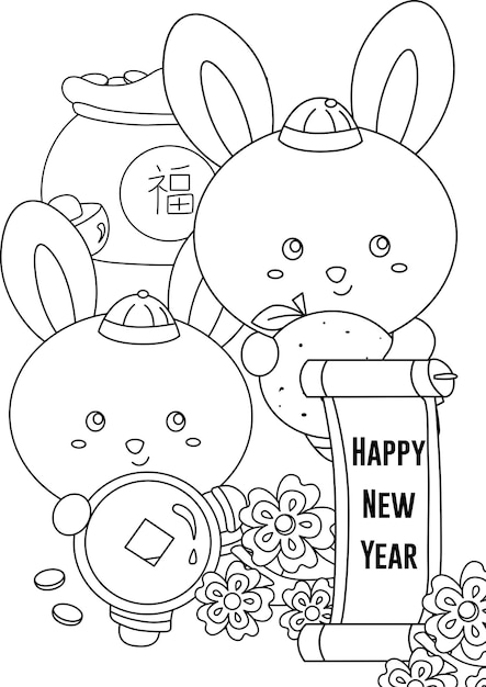 Premium vector happy chinese new year rabbit coloring for kids and adult