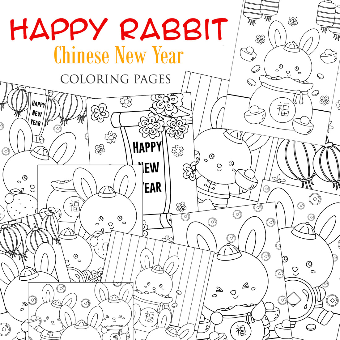 Cute happy rabbit chinese new year party animal cartoon coloring pages for kids and adult