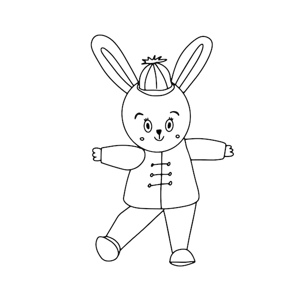 Premium vector chinese new year rabbit boy dancing for coloring page card print hand drawn vector illustration