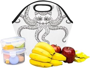 Insulated neoprene lunch bag drawing octopus zentangle design loring book large size reusable thermal thick lunch tote bags for lunch boxes for outdoorswork office school home kitchen