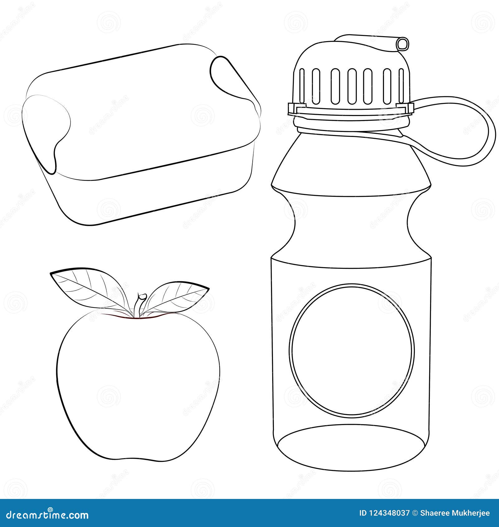 Lunch box apple water bottle coloring page stock vector