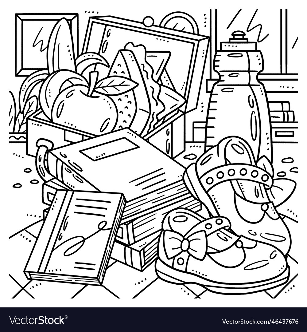 Back to school lunch box and books coloring page vector image