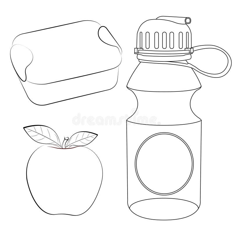 Lunch box apple water bottle coloring page stock vector