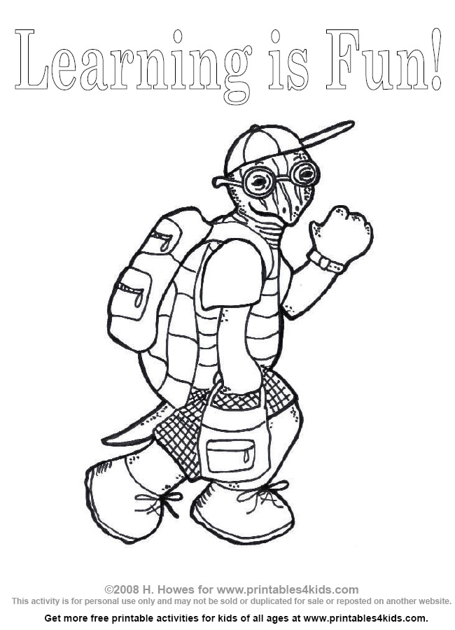 Back to school coloring page â turtle with backpack and lunch box â printables for kids â free word search puzzles coloring pages and other activities