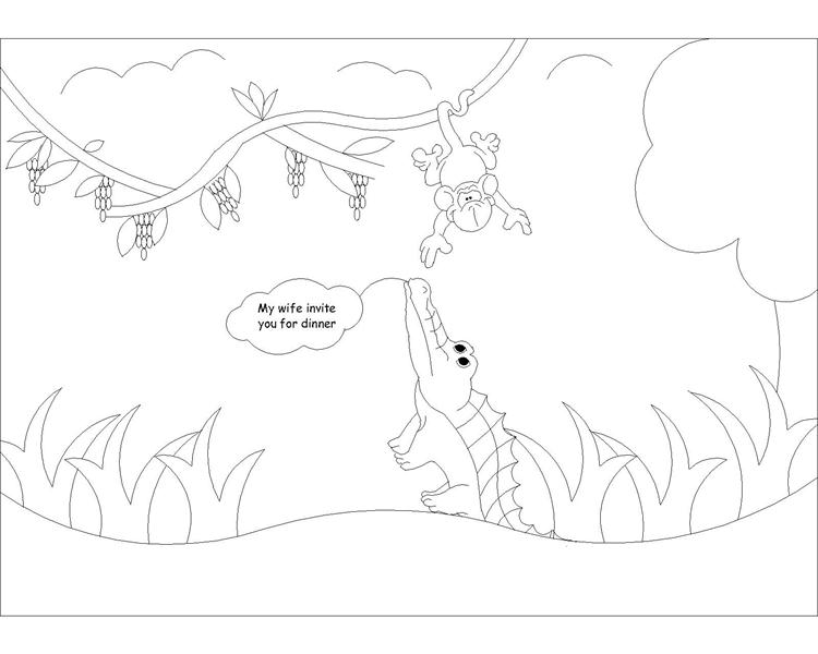 The monkey and the crocodile story coloring page