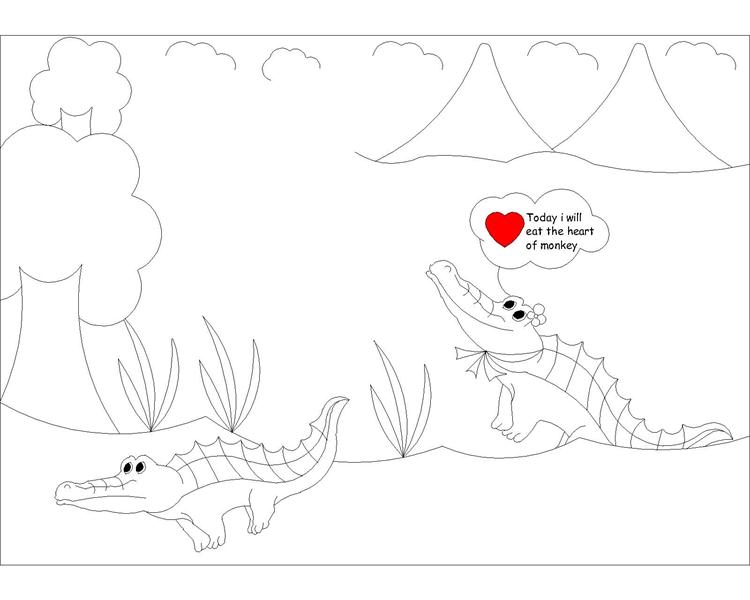 The monkey and the crocodile story coloring page