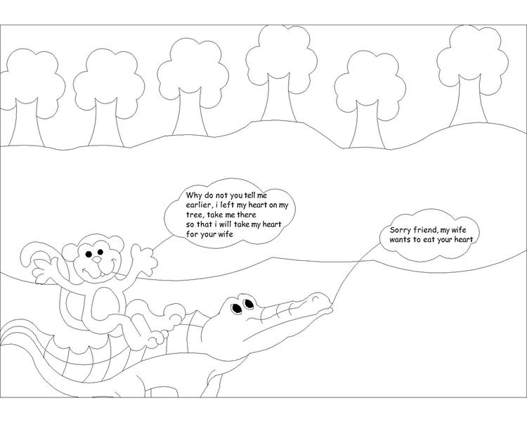 The monkey and the crocodile story coloring page