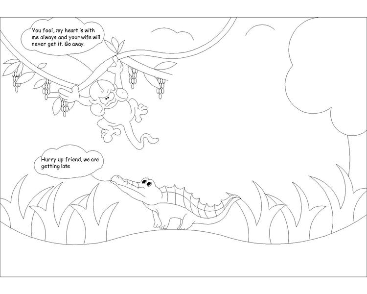 The monkey and the crocodile story coloring page