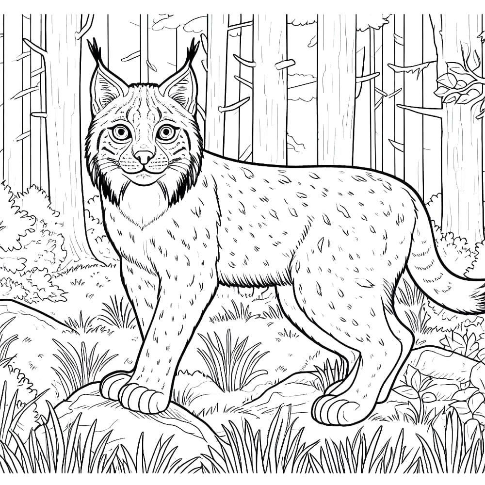 A lynx in the forest coloring page