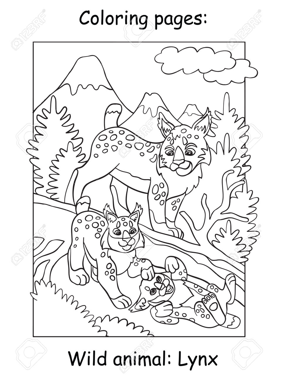 Vector coloring pages with cute lynx mom and two cubs in mountain area cartoon contour illustration isolated on white background for coloring book preschool education print and game royalty free svg cliparts