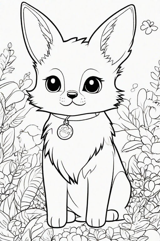 Gritty hip hop chibi style summer flowers lynx character in detailed full for kids coloring page