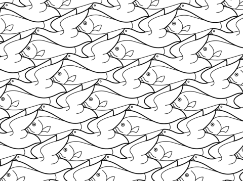 Bird fish tessellation by mc escher coloring page free printable coloring pages gratis kleurplaten mc escher kleurplaten